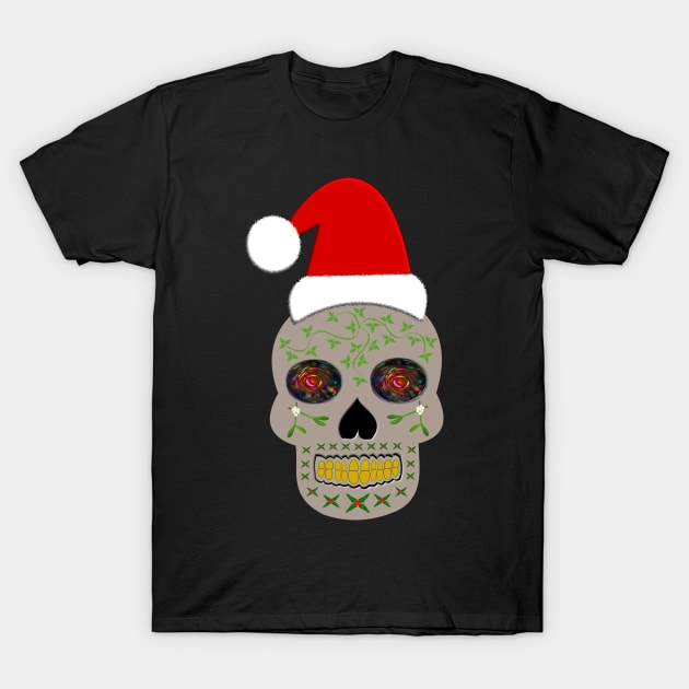 Pagan Christmas Skull in a Santa Hat T-Shirt by Krystal Raven